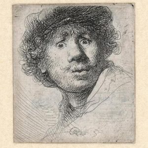 Rembrandt ets: Zelfportret, open mond, 1630-0