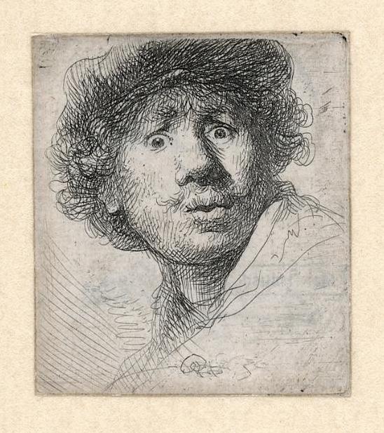 Rembrandt ets: Zelfportret, open mond, 1630-0
