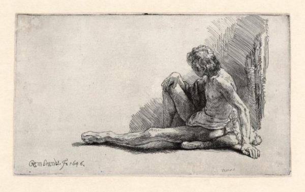 Rembrandt ets: Zittende naakte man, 1646