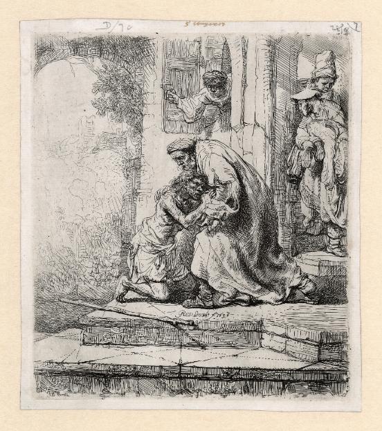 Rembrandt ets: de terugkeer van de verloren zoon, 1636