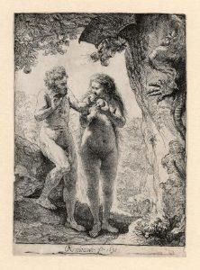 Rembrandt ets: de zondeval van Adam en Eva