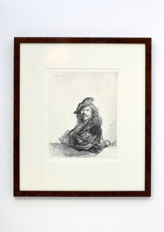 Rembrandt etching Grand Seigneur, Self-portrait, leaning on a balustrade