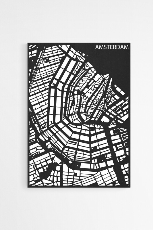 Houten Stadskaart van Amsterdam Zwart