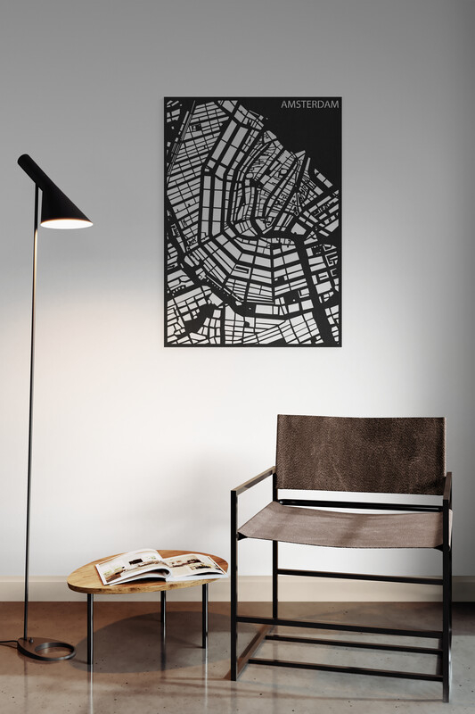 Houten Stadskaart van Amsterdam Zwart