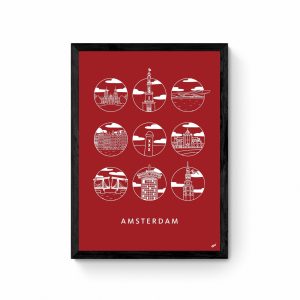 Amsterdam Iconen Mix Poster Mono Rood