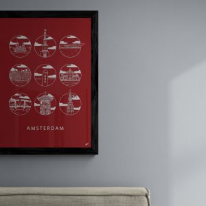 Amsterdam Iconen Mix Poster Mono Rood
