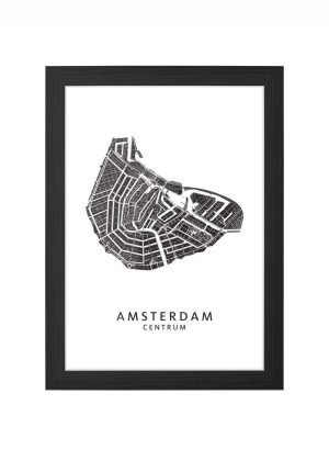 Amsterdam Centrum Wijkkaart Plattegrond Print in zwarte lijst