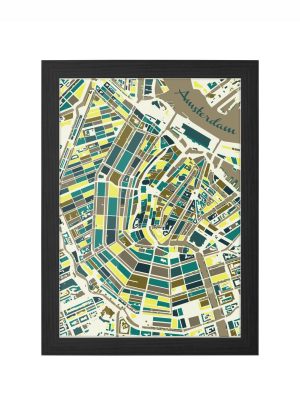 Amsterdam Stadskaart Plattegrond Print - Lente in zwarte lijst