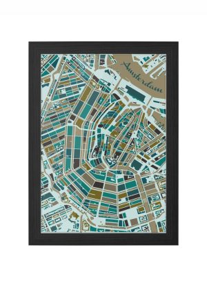 Amsterdam Stadskaart Plattegrond Print - Winter in zwarte lijst